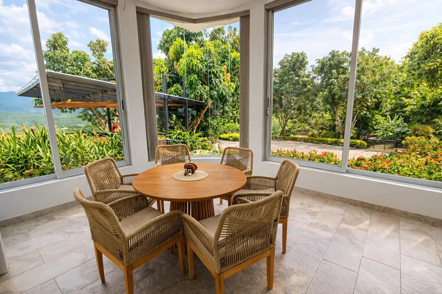 Comedor de villa Neem Key con vista panorámica a las montañas de Anapoima